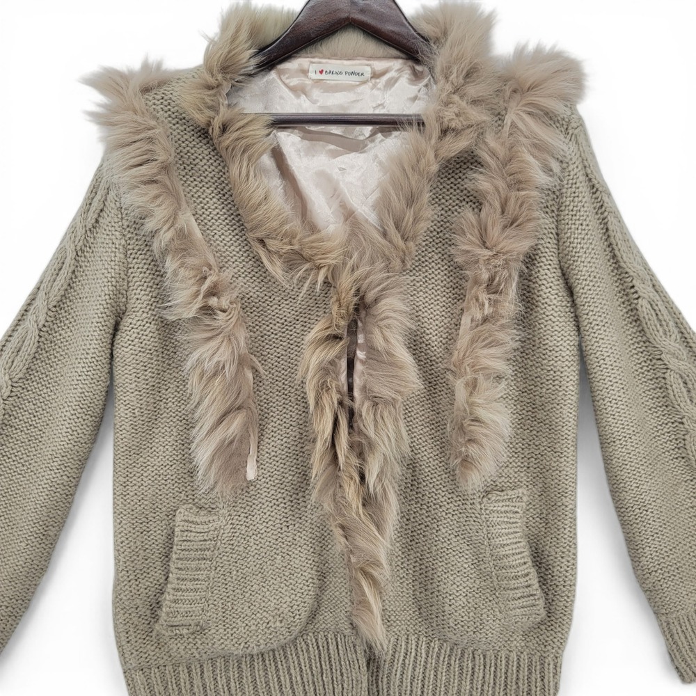 Vintage Faux Fur‎ Trim Cable Knit Cardigan Boho Cabin Core Cozy Chic